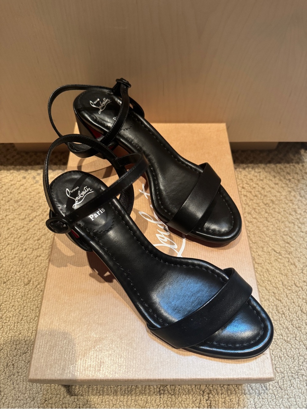 Christian Louboutin ‘Miss Jane’ Black Leather Strappy Mid-Heel Sandals
